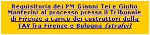 Casella di testo: Requisitoria dei PM Gianni Tei e Giulio Monferini al processo presso il Tribunale di Firenze a carico dei costruttori della TAV fra Firenze e Bologna (stralci)